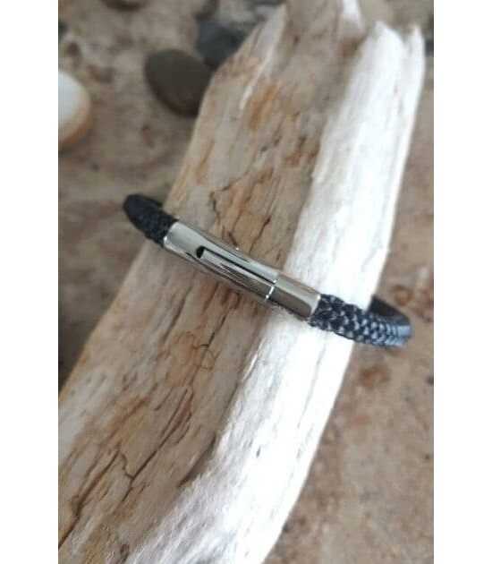 Odyssée bracelet marin en cordage noir (nylon) et acier inoxydable, fermoir clipsable. Made in France. Marque Pit'-N.