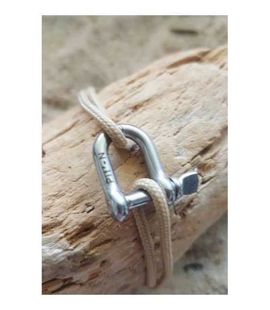 bracelet lien nautique ajustable petite manille acier coloris argent cordon marin beige