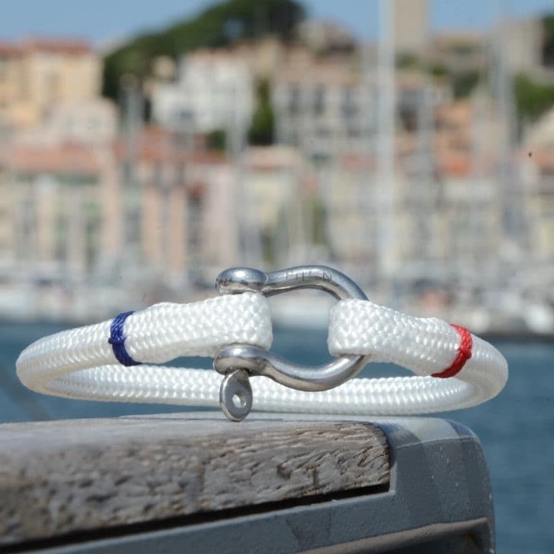 Frenchies bracelet marin en cordage blanc manille acier - Cannes - pit-n.com
